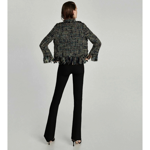 NWT ZARA Tweed Fringe Jacket XL Black Multicolor Textured 7862/623 - Picture 2 of 15